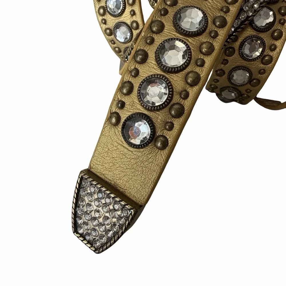 Gold Western Cowgirl Belt Studded Rhinestone Leather Crystals Sz L Rodeo Country